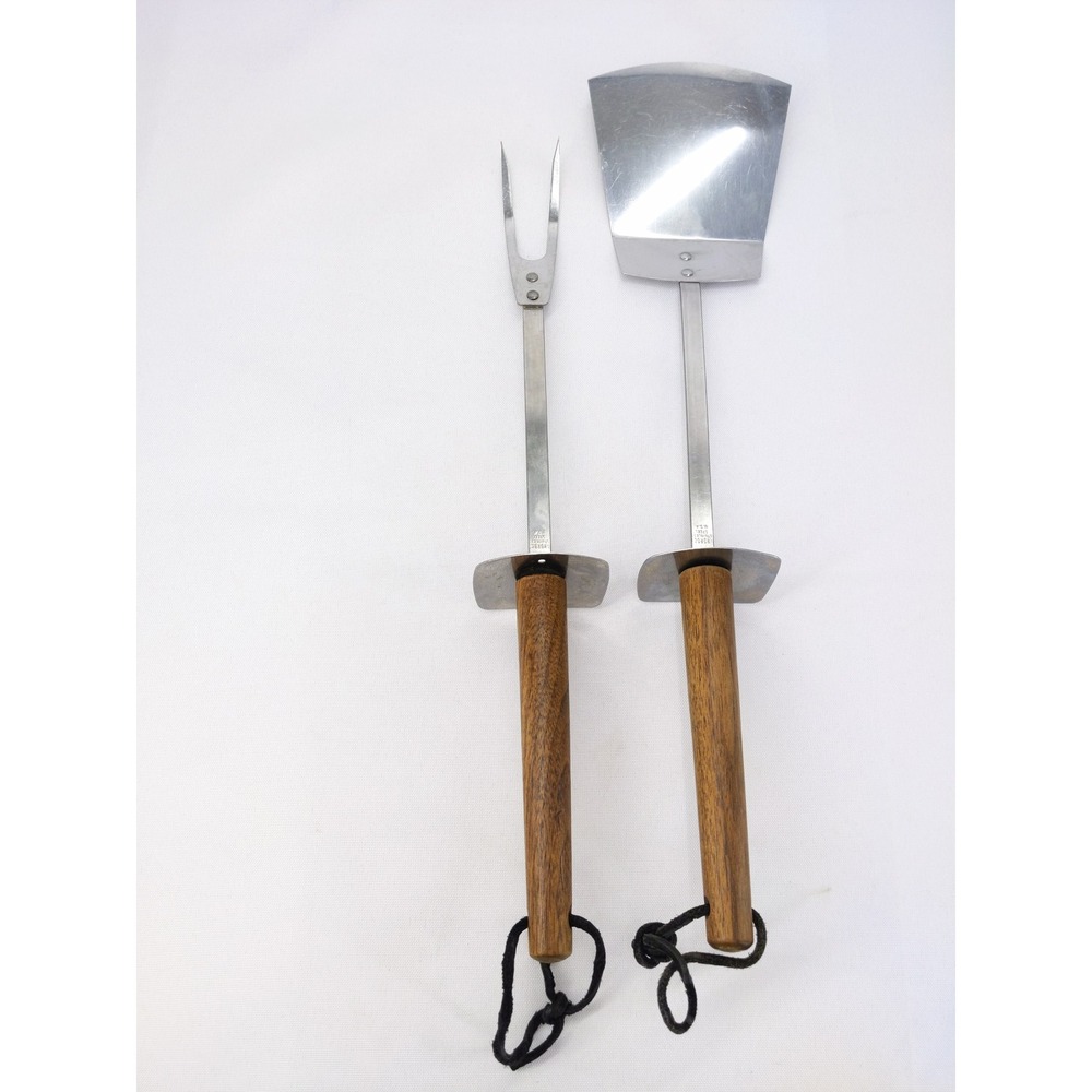 vtg MCM Androck BBQ Tool Set Brown Wood Handle Stainless Spatula Fork